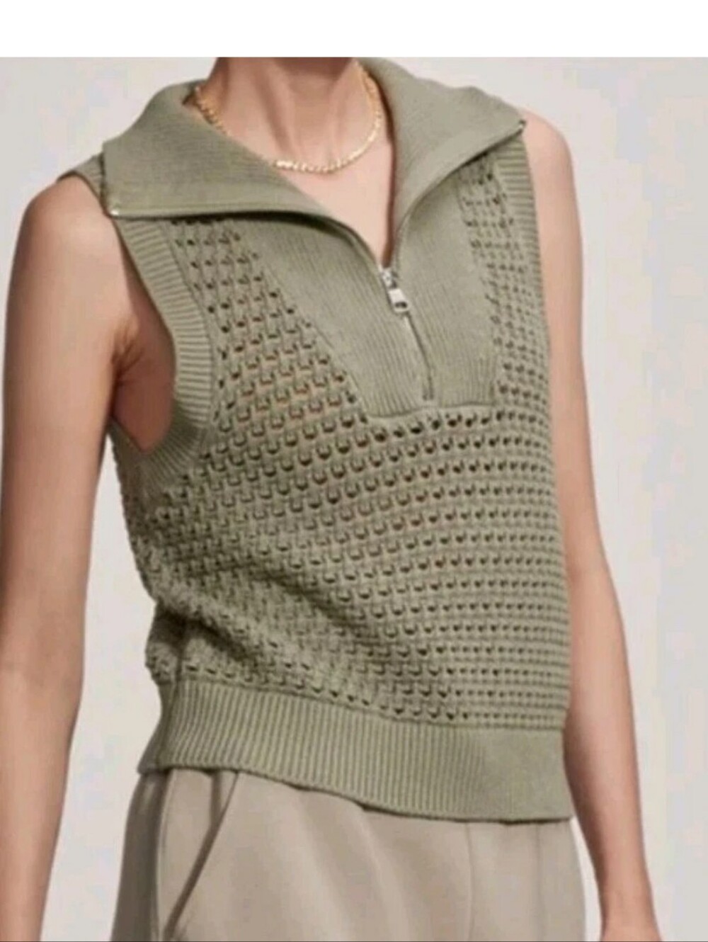 Varley Sage Green Bains Crochet Half Zip Sweater